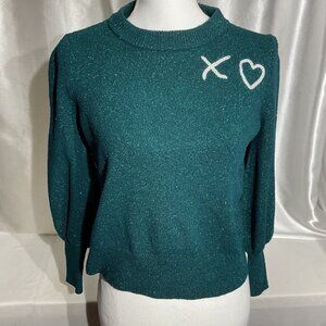 LC Lauren  Sweater Green With White "X" & Heart Design Long Puff Sleeves Size M